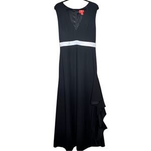 Monique Lhuillier Ruffled Side High Slit Crepe Gown 14 Black White Plunge V-Neck